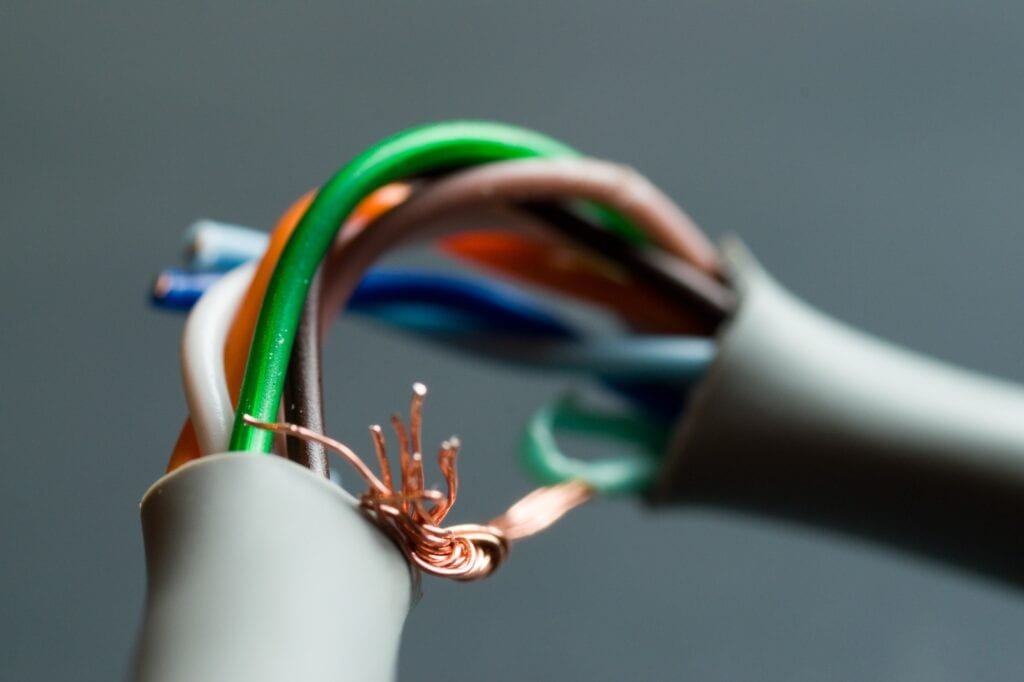 Closeup shot of a broken UTP ethernet cable