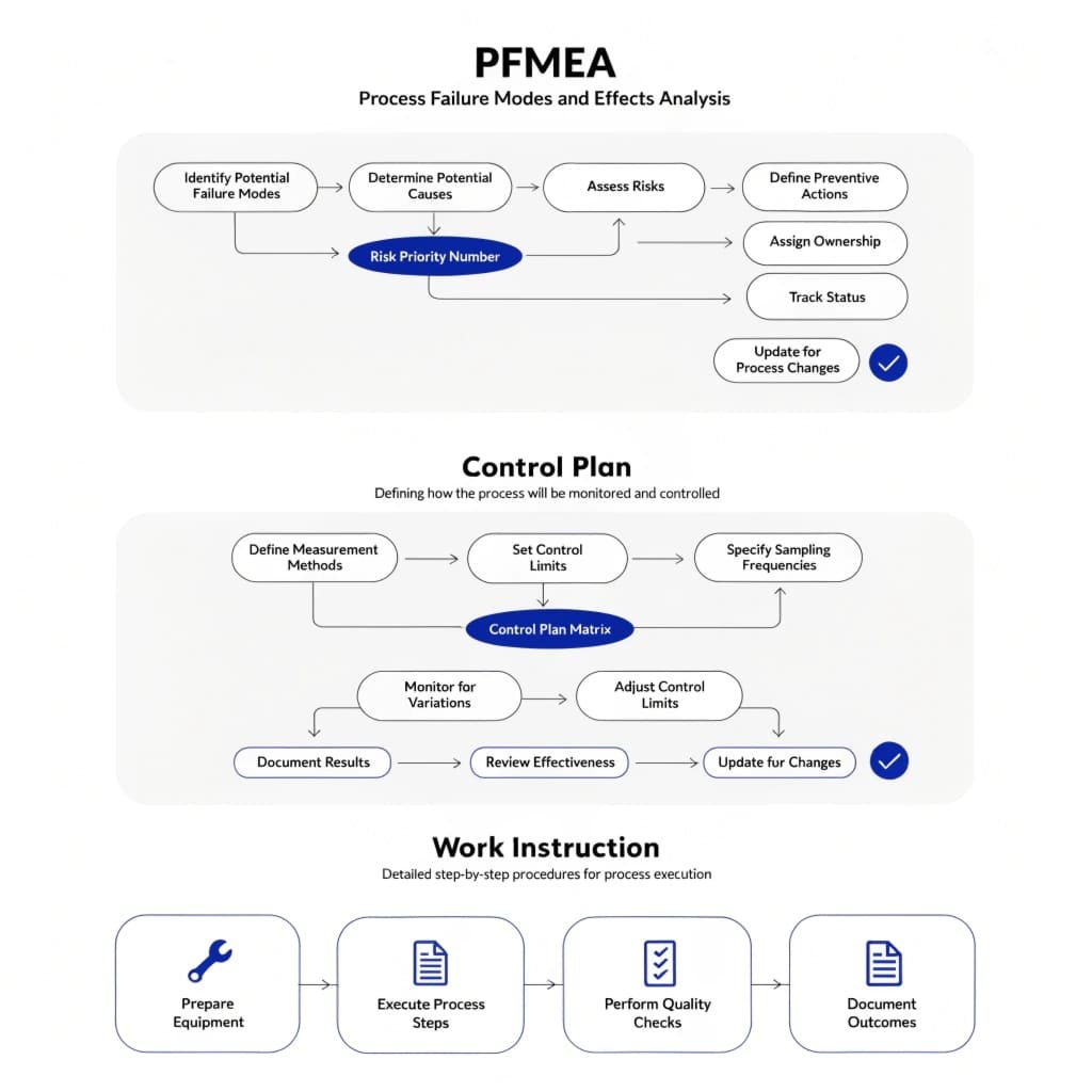 A flowchart showing the connection from PFMEA to Control Plan to Work Instruction.
