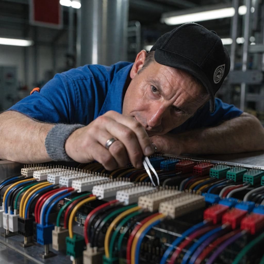 An operator visually inspecting a complex wire harness, highlighting the difficulty.