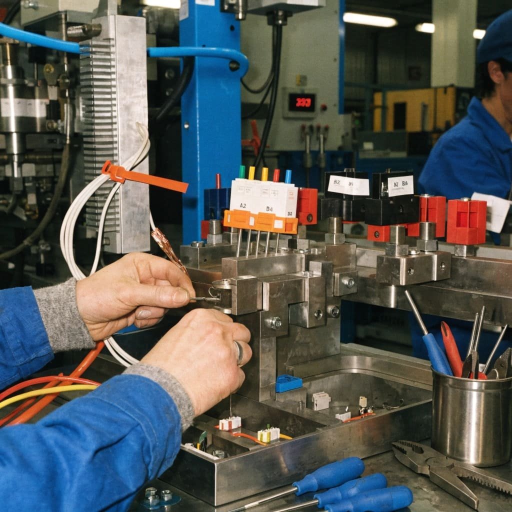 A detailed view of a wire harness assembly station with mistake-proofing fixtures.