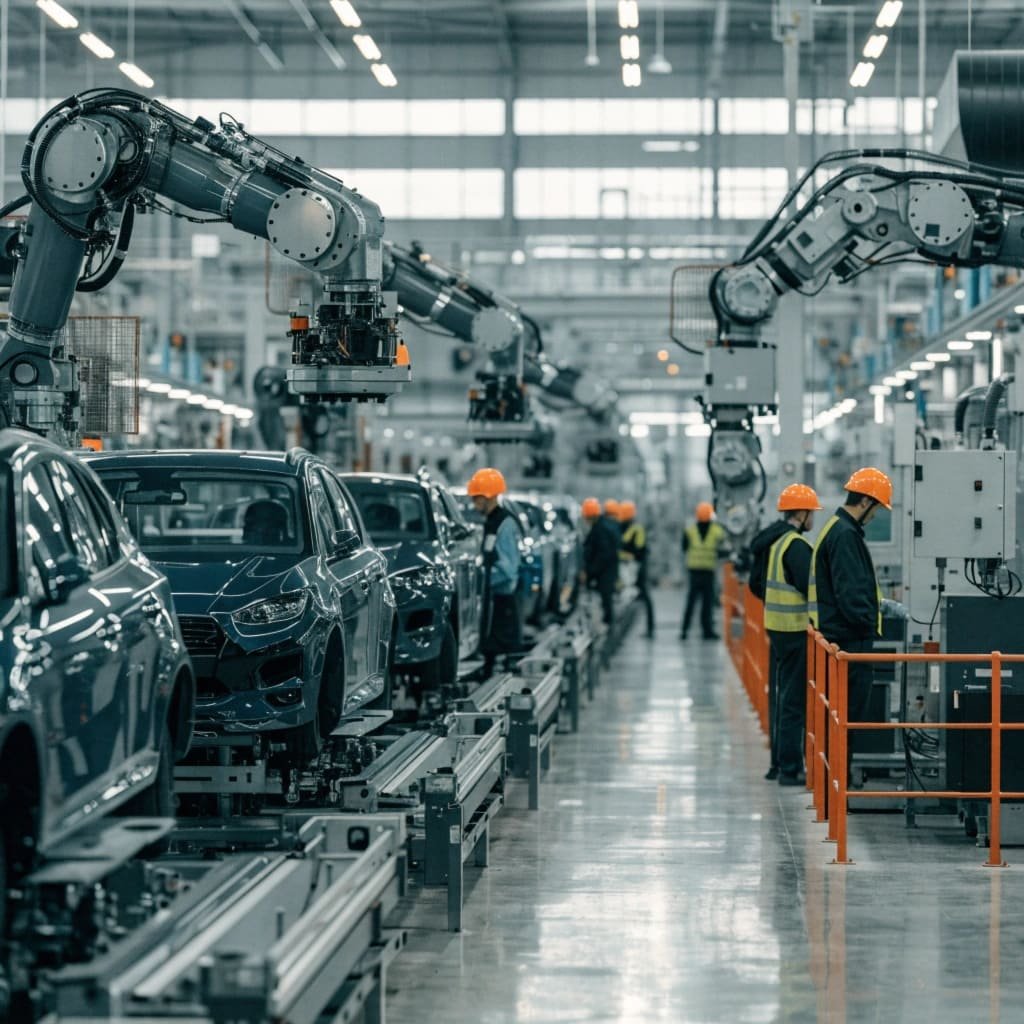 A smooth-running automotive assembly line, implying no downtime.