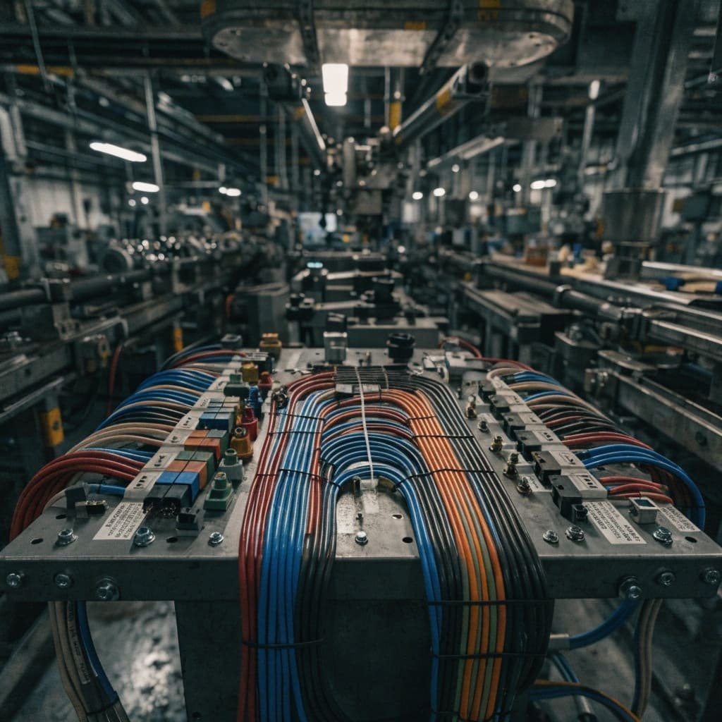 An assembly board with multiple different harness variants being produced.
